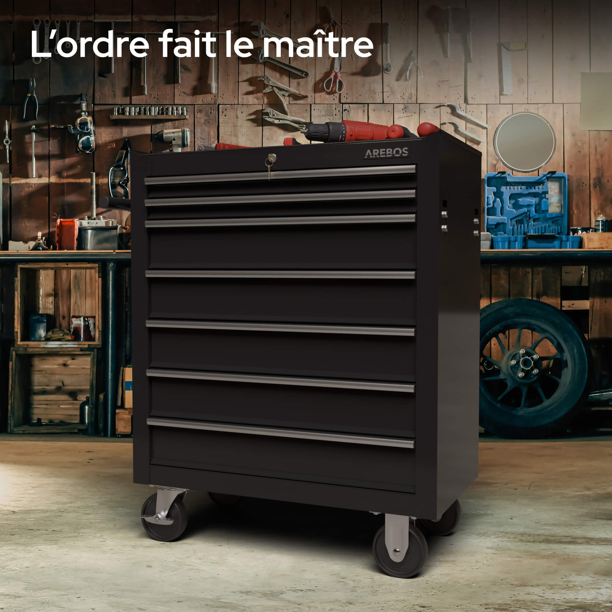 AREBOS Chariot à Outils 7 Tiroirs – Verrouillage Central, Acier Robuste, Tapis Antidérapants, Roues Pivotantes avec Freins - 5