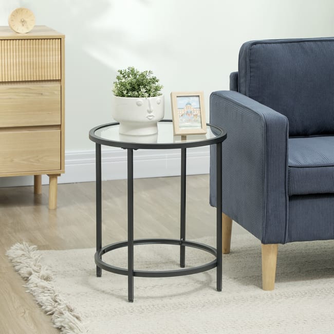 Tavolino rotondo con piano in vetro, struttura in metallo, tavolino, comodino per soggiorno, camera da letto, nero, 48 x 54,7 cm | Leroy Merlin Tavolino rotondo con piano in vetro, struttura in metallo, tavolino, comodino per soggiorno, camera da letto, nero, 48 x 54,7 cm | Leroy Merlin