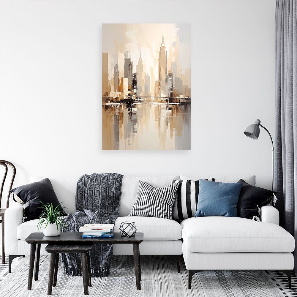 Obraz do salonu jadalni, Abstrakcyjna panorama miasta nowoczesna dekoracja w beżowej kolorystyce 70x100 - 2