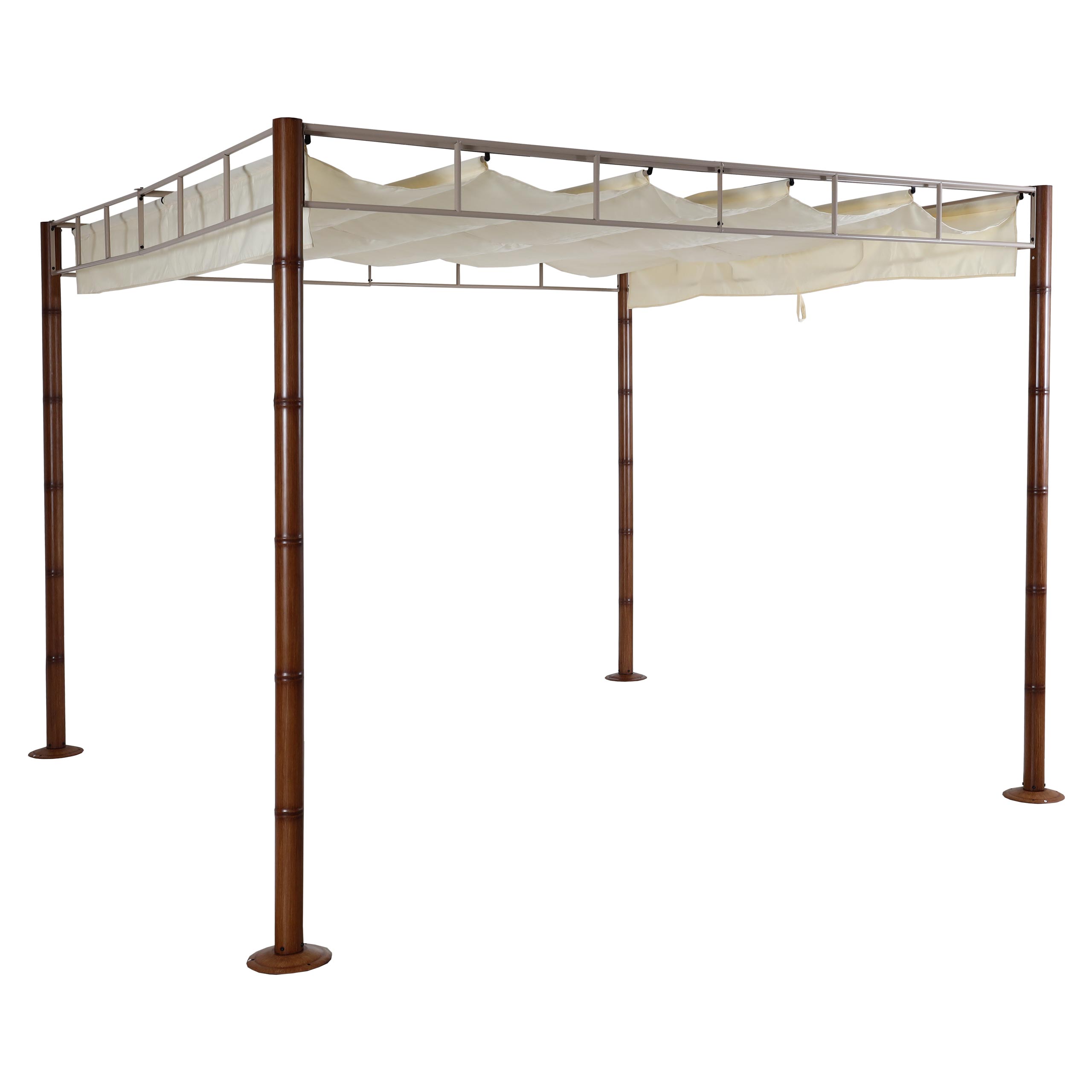 Pergola HWC-L42, pawilon ogrodowy zadaszenie patio, solidna 7cm metalowa rama 3x3m wygląd bambusa ~ kremowo-biały