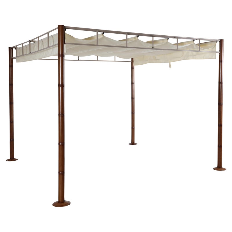 Pergola HWC-L42, pawilon ogrodowy zadaszenie patio, solidna 7cm metalowa rama 3x3m wygląd bambusa ~ kremowo-biały