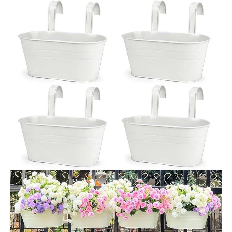 Zestaw 4 metalowych doniczek wiszących 27 cm, do stosowania wewnątrz i na zewnątrz, na balkonie, z odpinanymi haczykami, w kolorze białym