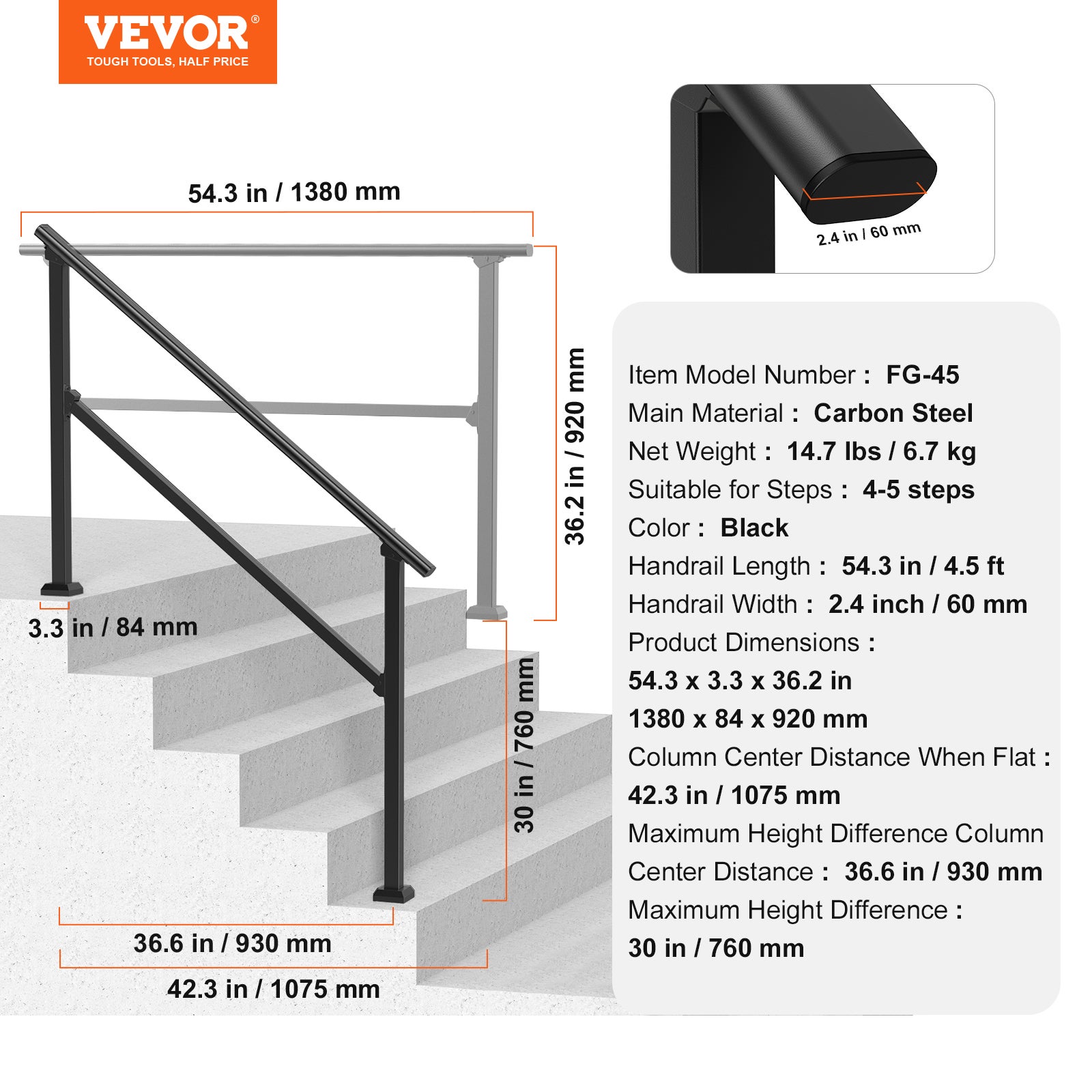Rampe d'escalier extérieure,VEVOR kit de rampe d'escalier 4 ou 5 marches,en acier au carbone,avec kit d'installation,marches en béton,porche - 7