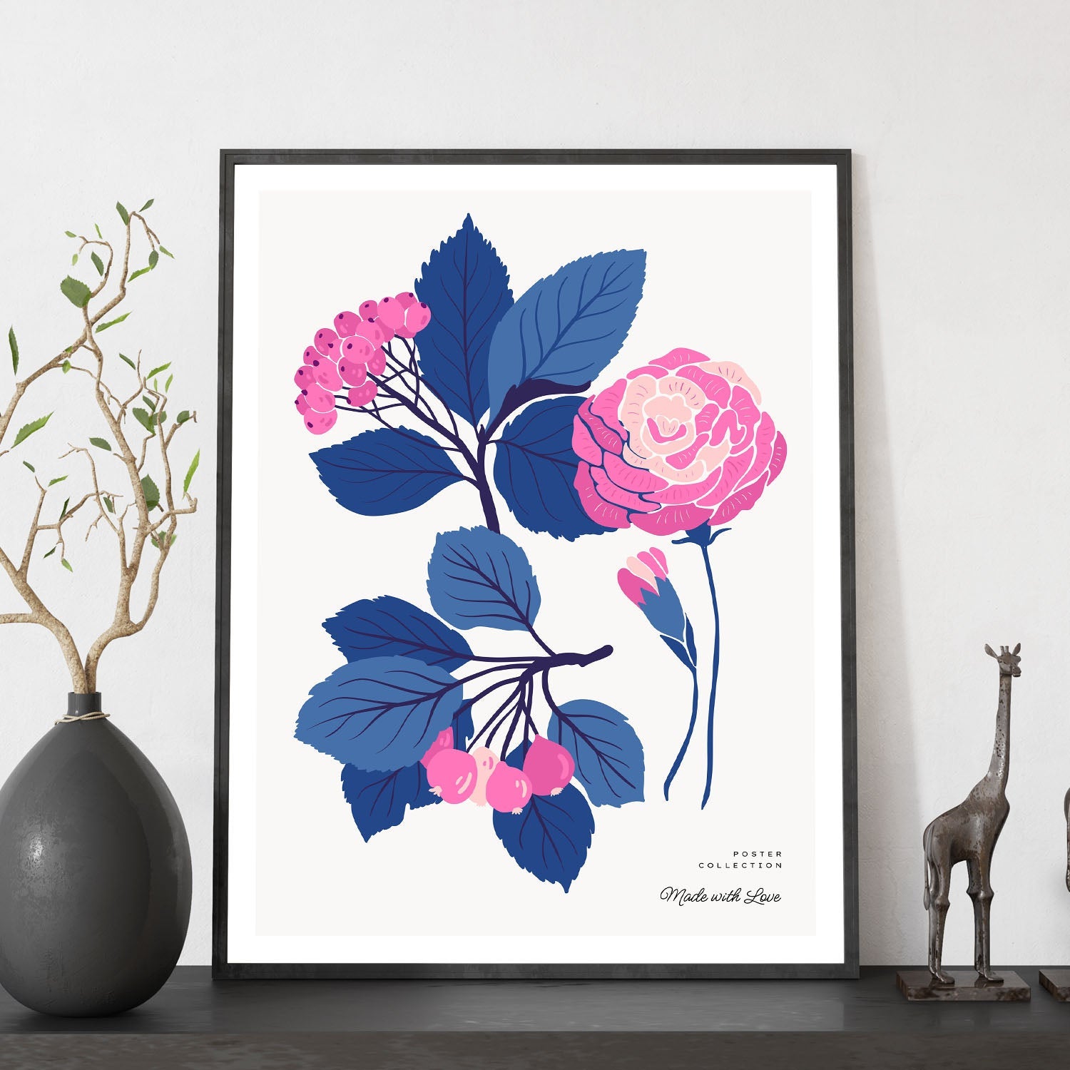 Póster pop art abstracto. flores rosas hojas azules ilustraciones artísticas modernas para la decoración de interiores. marco madera clara a3