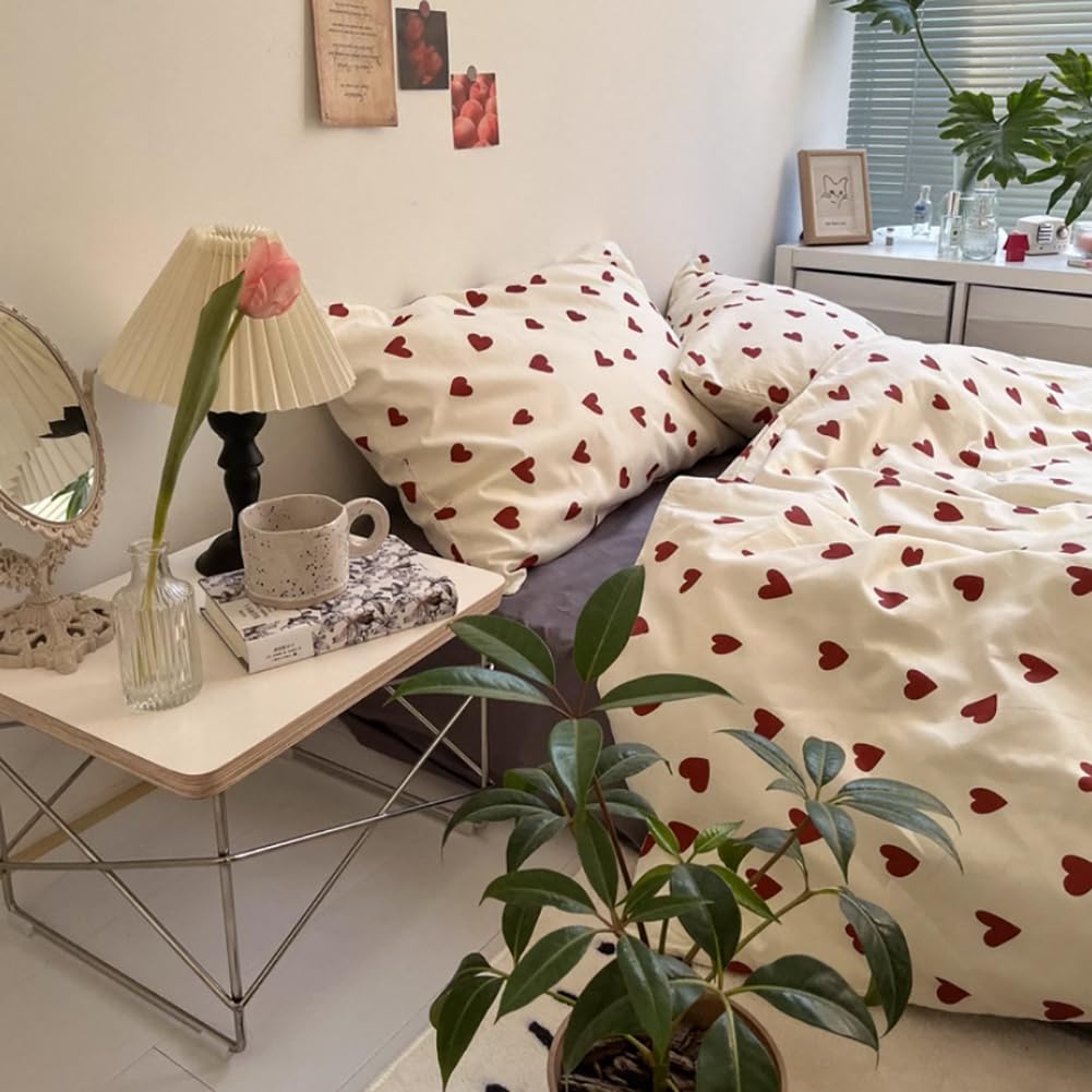 Linge de lit avec cœur, ensemble de housse de couette esthétique rouge et blanc, microfibre blanche avec cœurs rouges Linge de lit Taies d'oreiller - 3