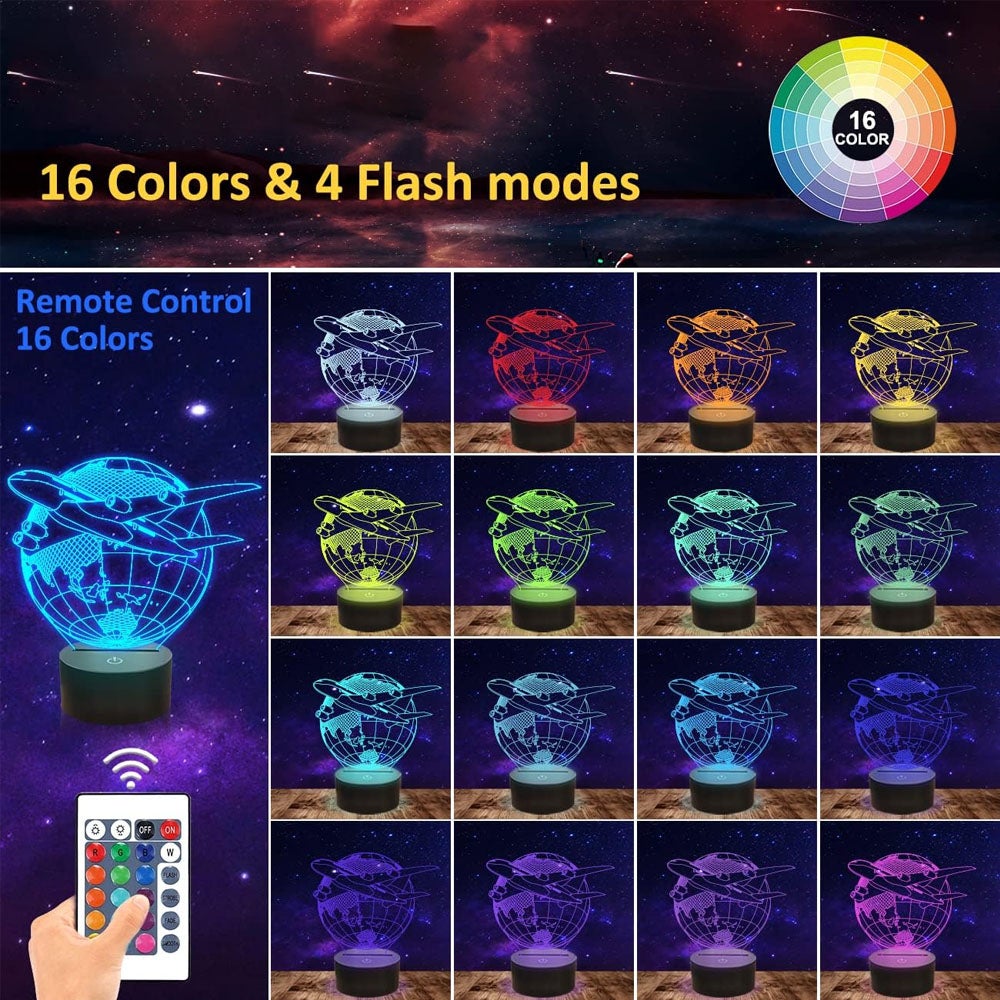 Lampada 3D LED Aereo Con 16 Colori E Telecomando - Luce Notturna Acrilica Per Camera Bambini - Ricarica USB