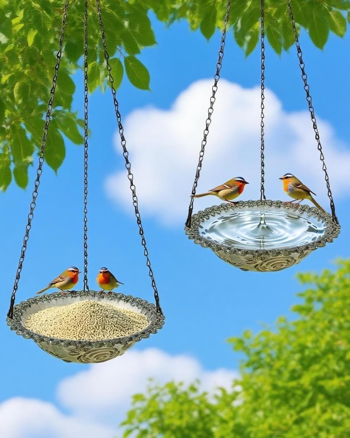 Zestaw 2 wiszących poidełek dla ptaków, wiszących karmników dla ptaków na zewnątrz, misek na wodę dla ptaków, dekoracji ogrodowych, w kolorze szarym