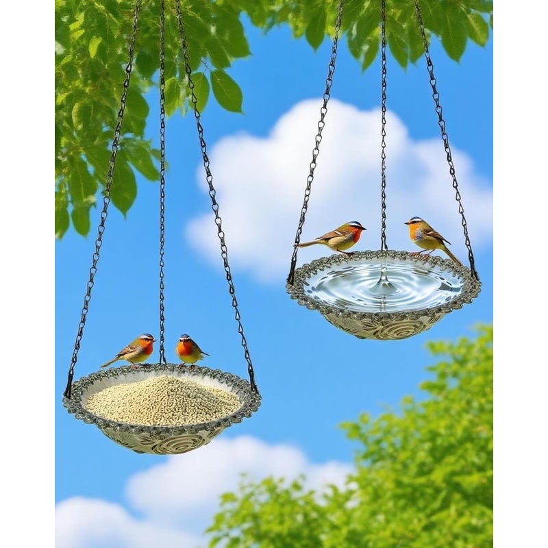 Zestaw 2 wiszących poidełek dla ptaków, wiszących karmników dla ptaków na zewnątrz, misek na wodę dla ptaków, dekoracji ogrodowych, w kolorze szarym