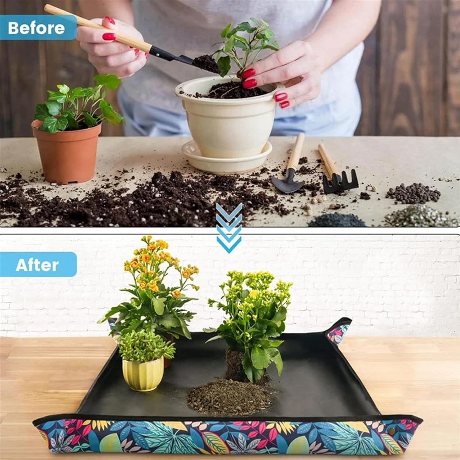 Tapete de plantio impermeável pintado, dobrável, para replantio de plantas de jardim, vasos de flores e transplante (68x68cm) - 6