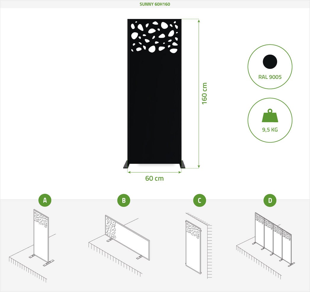 Lot de 3 panneaux décoratifs SUNNY Noir H.160cm motifs sur le haut - 2