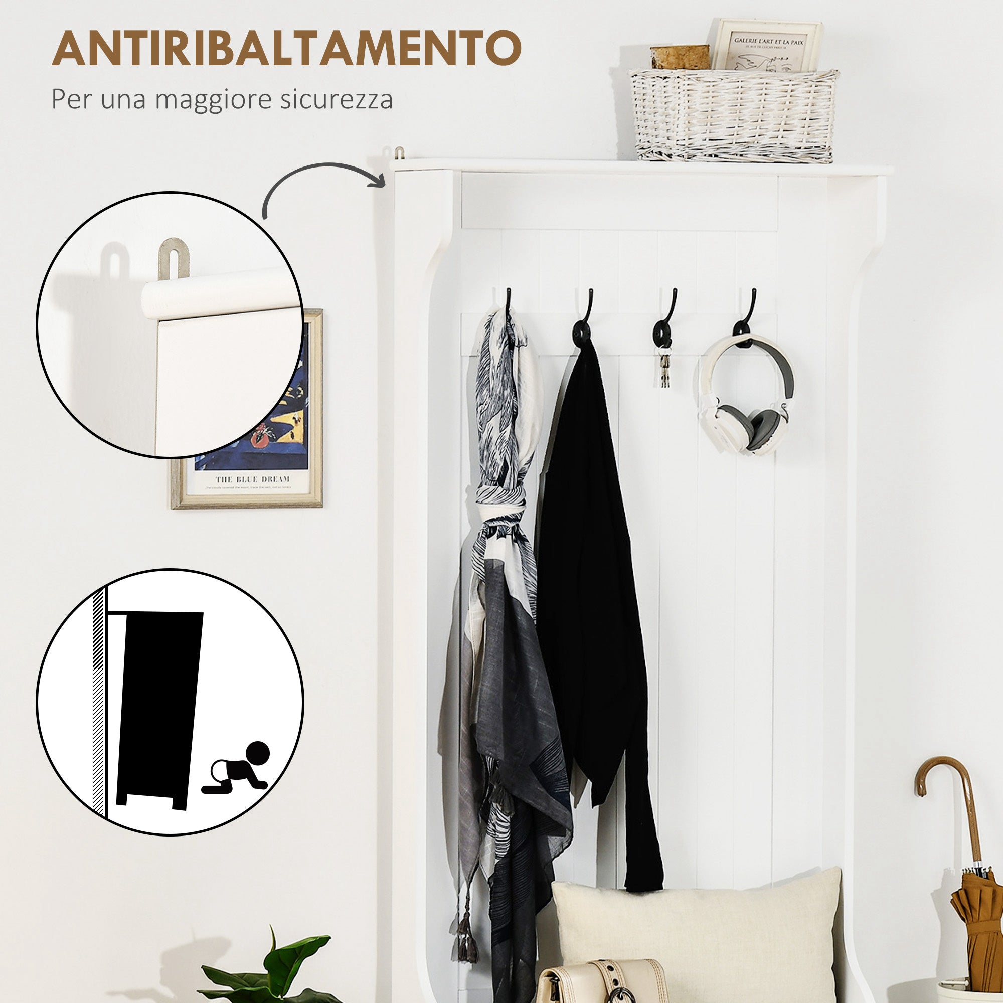 HOMCOM Appendiabiti Con Panca Contenitore In Mdf, Per Casa E Ingresso, Max.100kg - 71.5 X 39.5 X 170cm, Bianco - 7