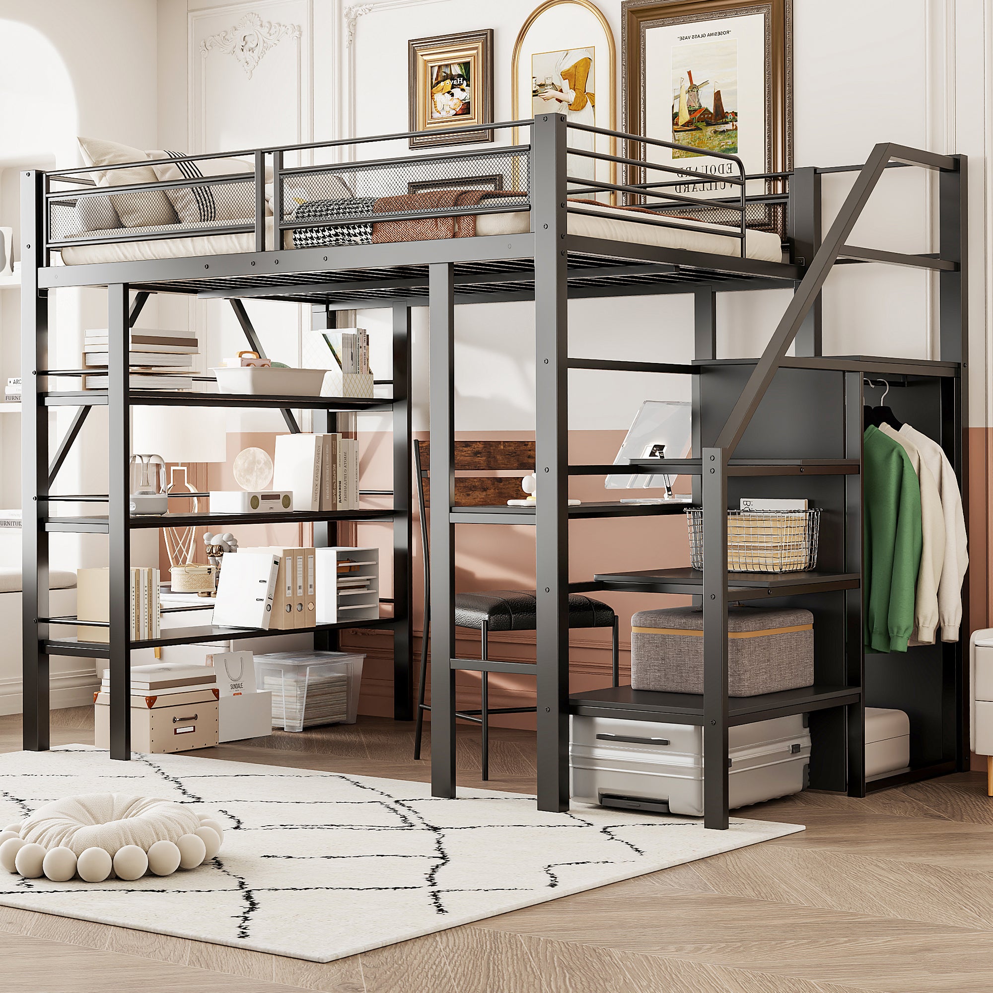 Łóżko Piętrowe 140x200cm z Półkami, Biurkiem i Szafą - Metalowa Rama Czarna, Wielofunkcyjny Design