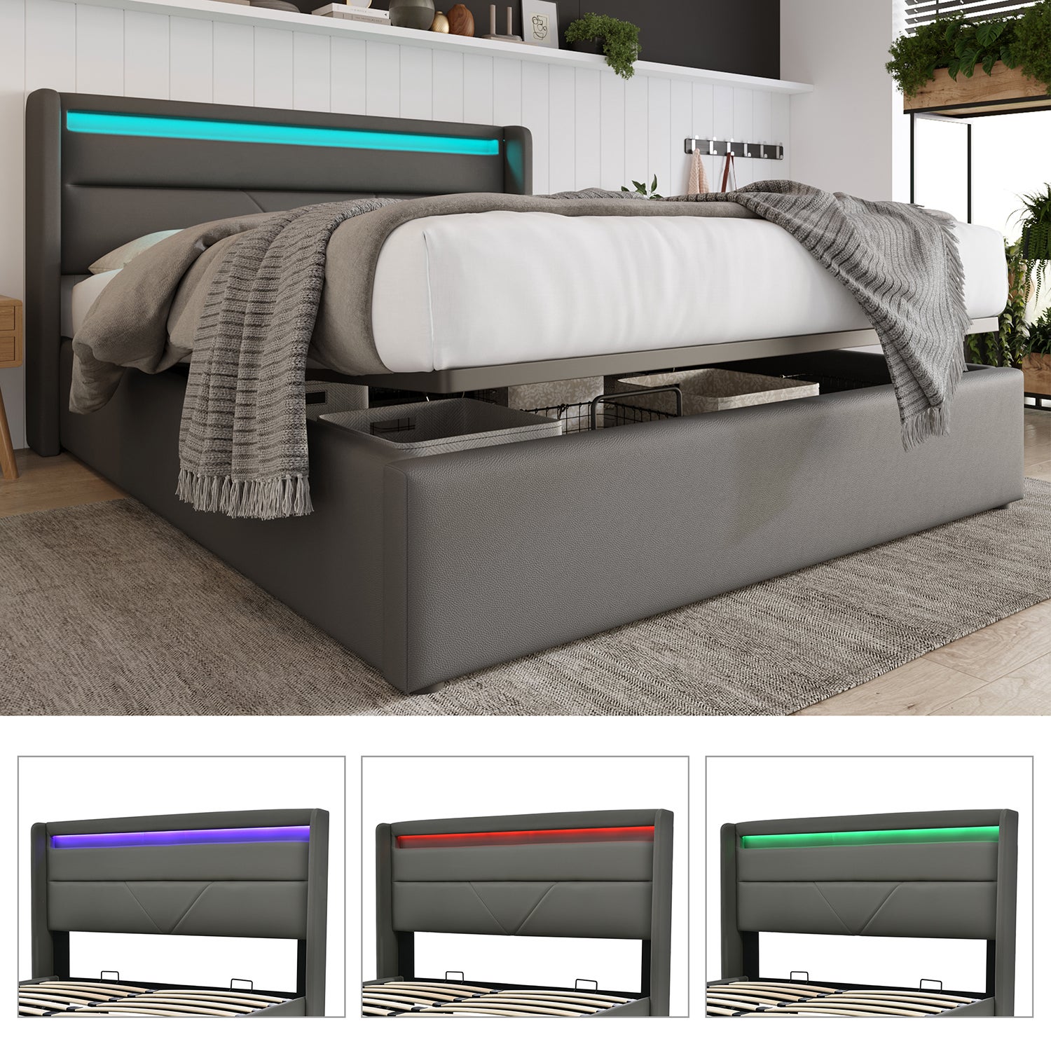Podwójne łóżko skrzyniowe z listwą oświetleniową LED, Podwójne łóżko Rama łóżka Łóżko tapicerowane 140x200cm, Funkcjonalne łóżko, Szare (Z pilotem)