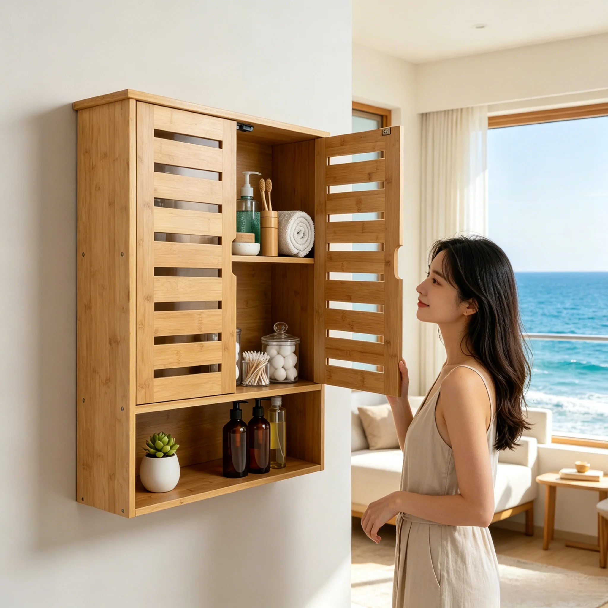 Armoire de rangement en bambou, moderne, murale, 2 portes, 3 étagères, pour salle de bain.. - 4