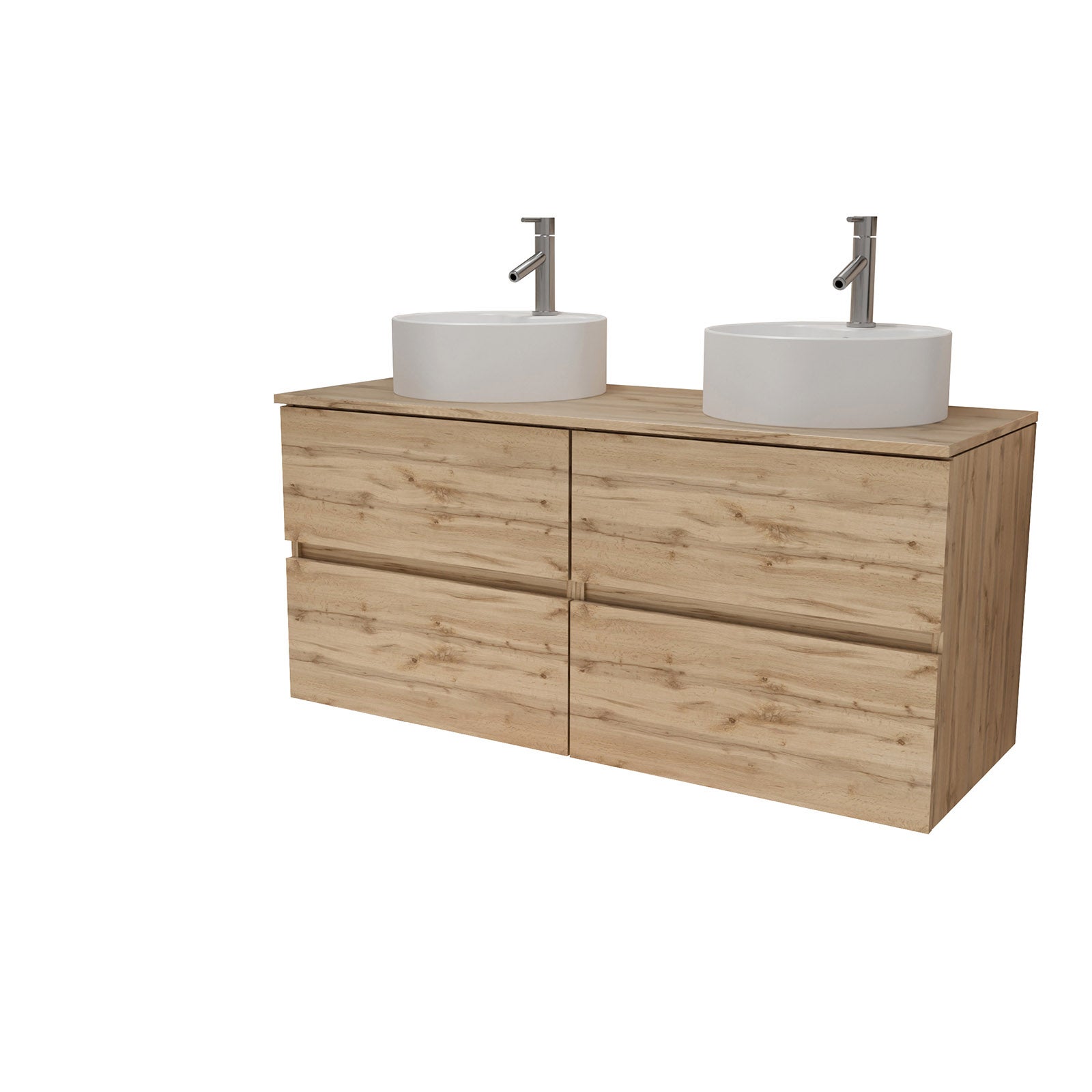 Meuble Salle de Bains 120cm 4 Tiroirs Chêne Naturel - 2 Vasques Rondes 41cm en Céramique Blanche - 3
