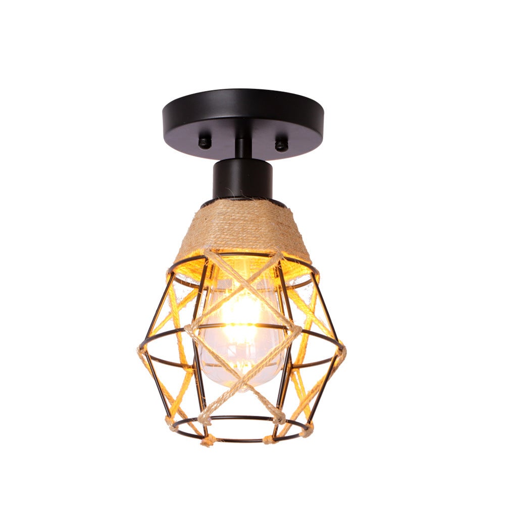 Lampada da soffitto in ferro con gabbia vintage da 4 pezzi, illuminazione per corridoio, sala da pranzo, lampada in corda di canapa (senza lampadina) - 2