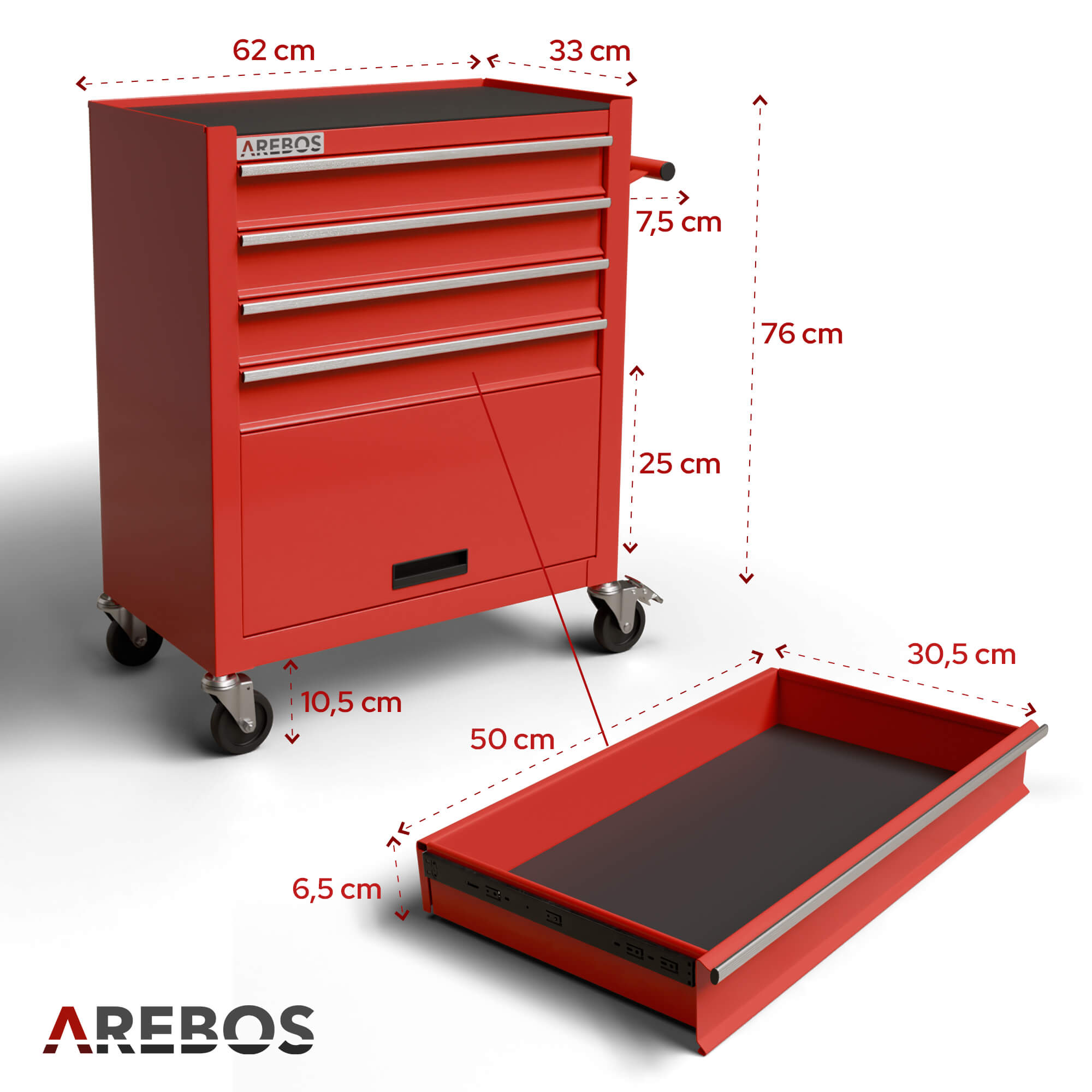 AREBOS Chariot d'Atelier Chariot à Outils 4 Tiroirs + Grand Compartiment 4 roulettes Construction Robuste Tapis antidérapants Rouge - 9