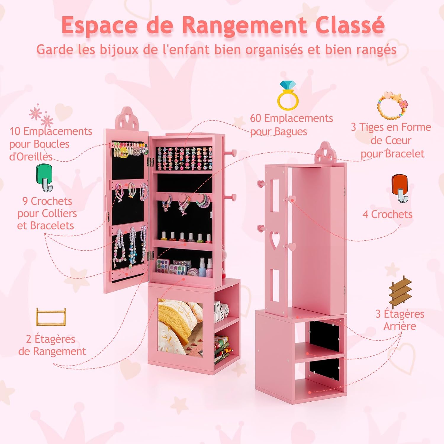 Armoire à Bijoux Enfant, 3 en 1 Armoire de Bijoux sur Pied avec Miroir Pleine Longueur, Porte-vêtements, Kit Anti-basculement, Motif Cœur (Rose) - 3