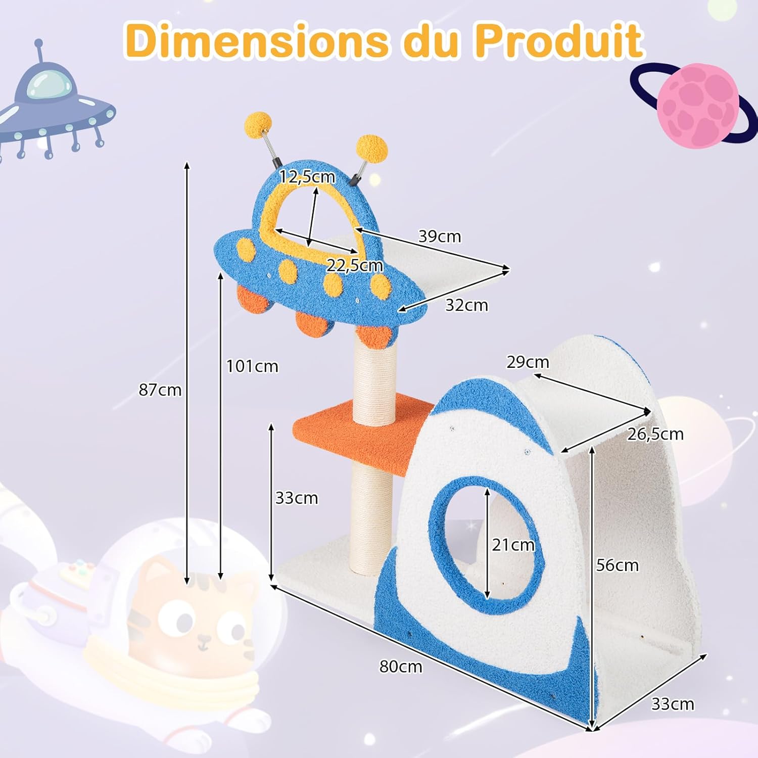 Tiragraffi per Gatti a Tema Spaziale, Albero per Gatti con Piattaforma a UFO e Pali in Sisal, Torre per Animali Domestici Interno (80 x 33 x 8 - 2