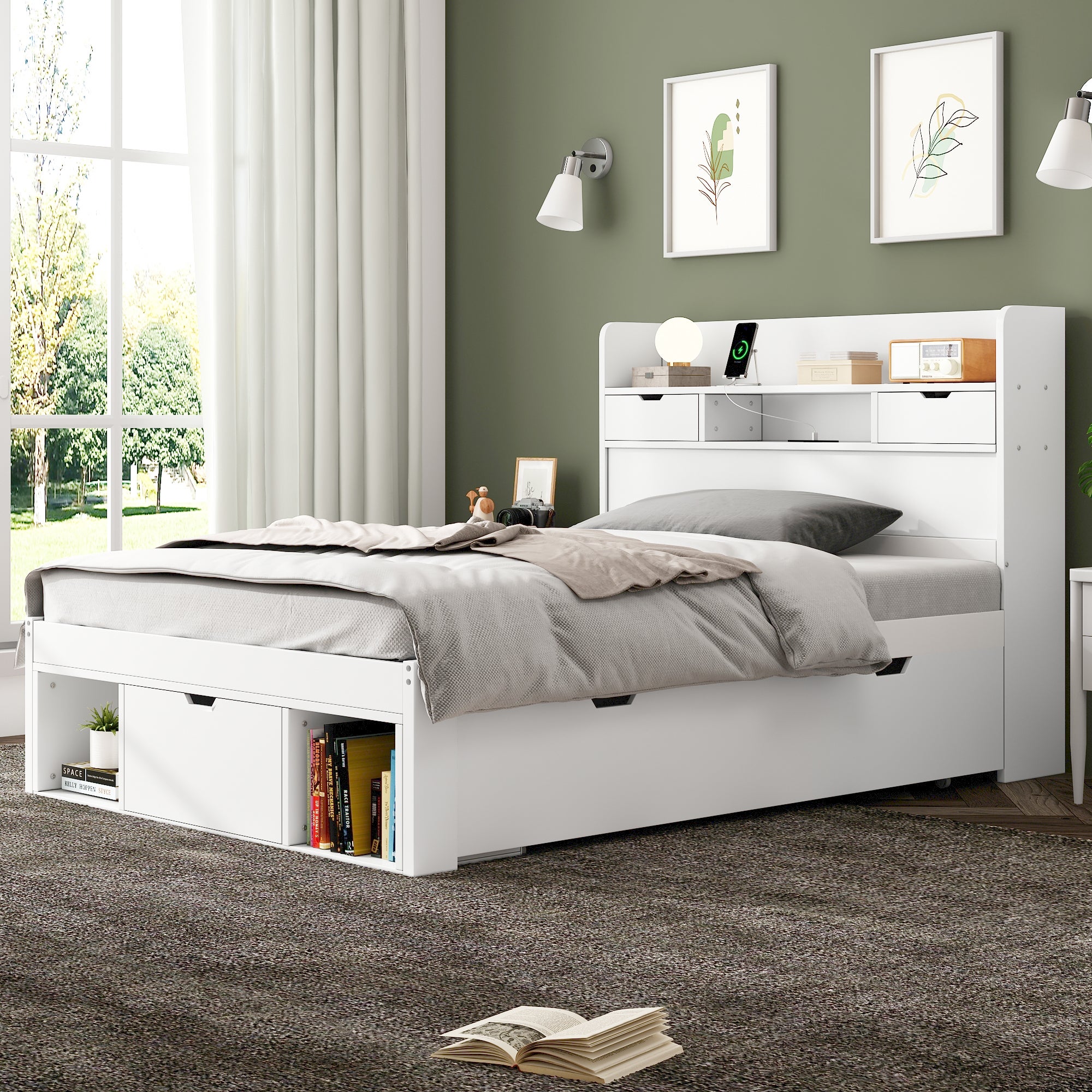 Łóżko podwójne 90 x 200 cm z szufladami i przegródkami - sosna i sklejka - port USB - białe (materac nie jest wliczony w cenę) - 4