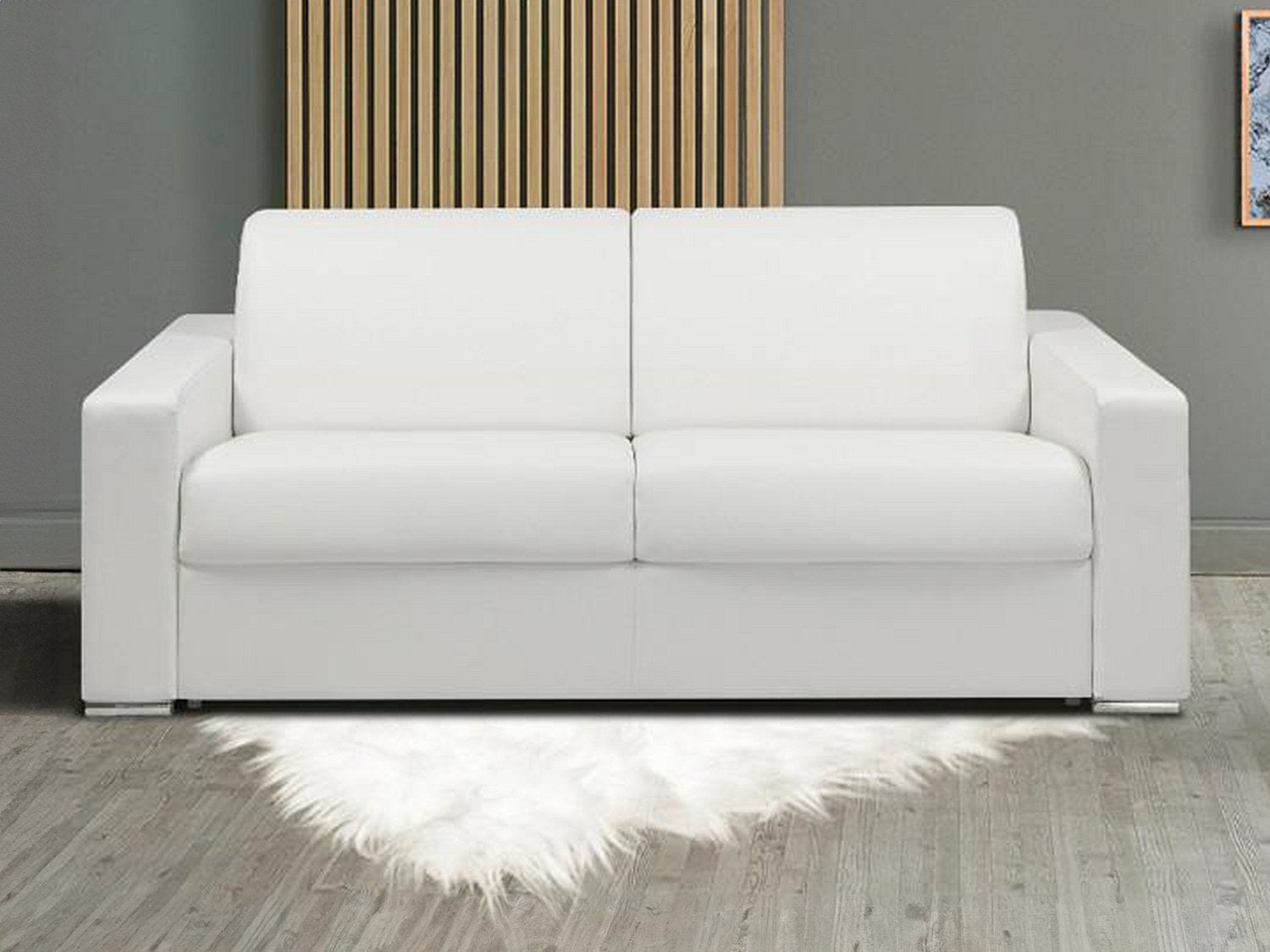 Kanapa 2-osobowa z ekspresowym mechanizmem rozkładania z ekoskóry CALITO - Kolor: biały - Miejsce do spania: 120 cm - Materac 18 cm
