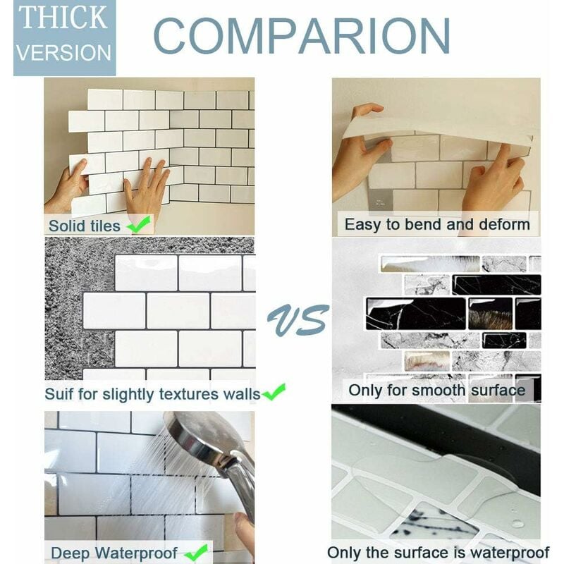 Plus épais Credence Adhesive pour Cuisine Salle de Bain , Faux Carrelage Adhesif Mural Noir Credence Cuisine Adhesive , ImperméAble Dalle PVC Adhesive - 4