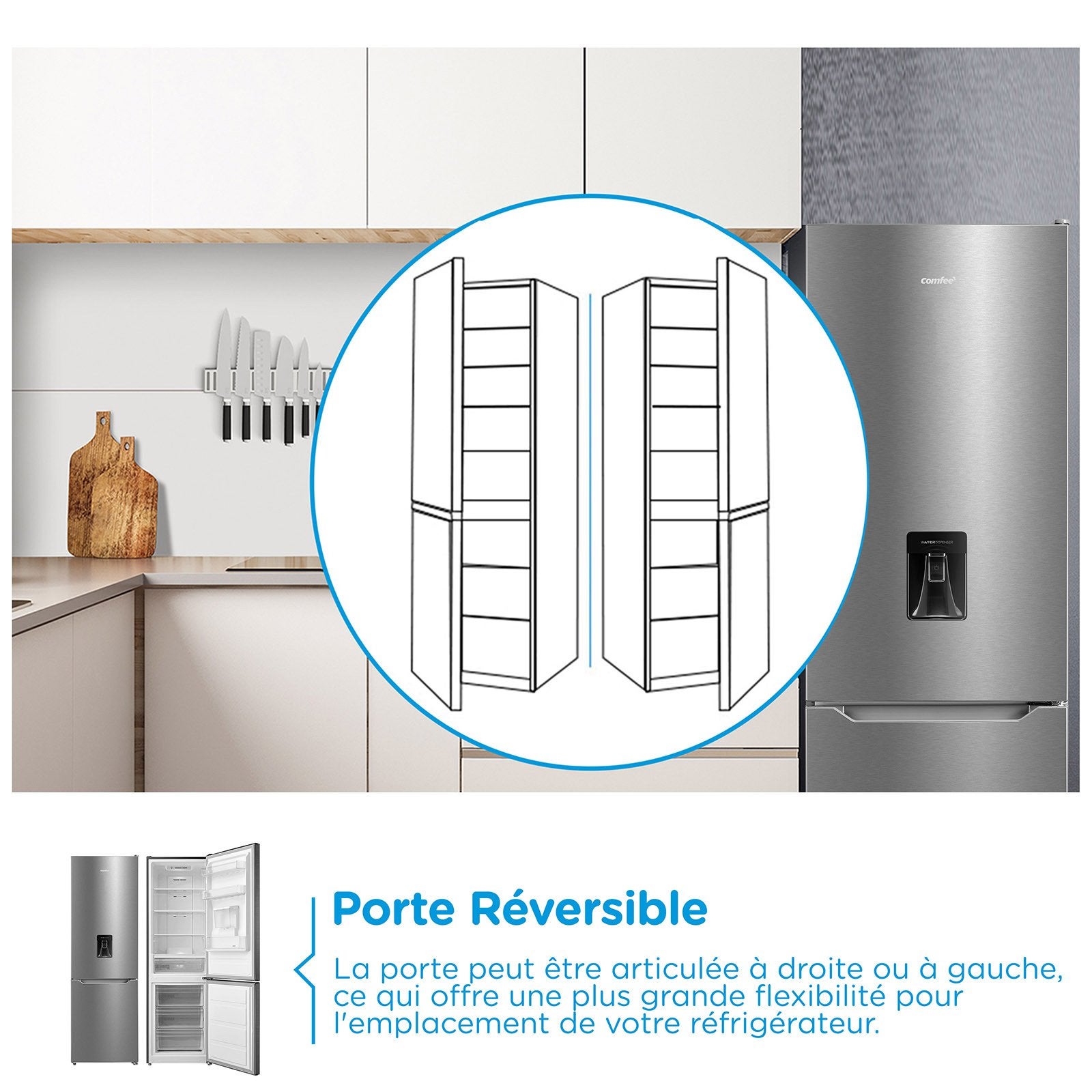 Réfrigérateur Combiné Congélateur Bas COMFEE - 308L - Classe D - Total No Frost (Sans givre)- L 63 cm x H 188 cm - Inox - 8
