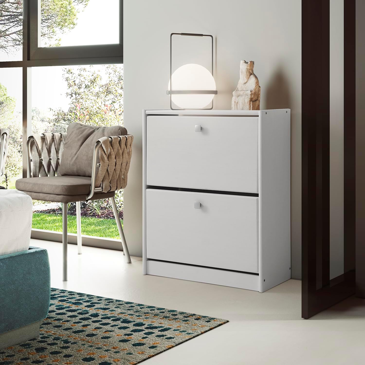 Étagère à chaussures avec 2 trampolines, pin massif, Moblit, série Denia, dimensions : (77x63x27) cm (hauteurxlargeurxprofondeur), couleur blanc lavé. - 2