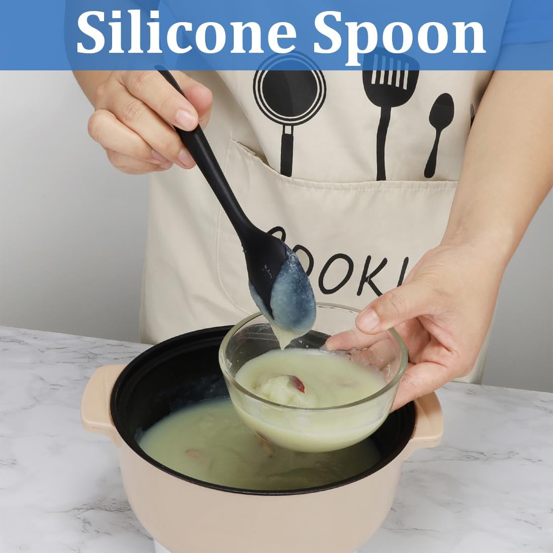 4 sztuki silikonowych łyżek do ryżu z powłoką nieprzywierającą, przybory kuchenne, łyżka do serwowania z powłoką nieprzywierającą do gotowania. - 5