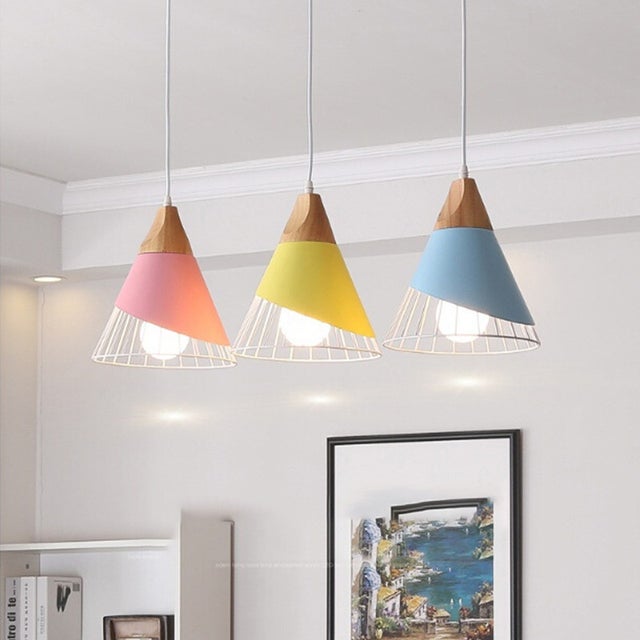Zestaw 3 nowoczesnych żyrandoli, kreatywny kształt stożka, styl vintage industrial, klatka, E27, do sypialni i jadalni, żółty, różowy, niebieski