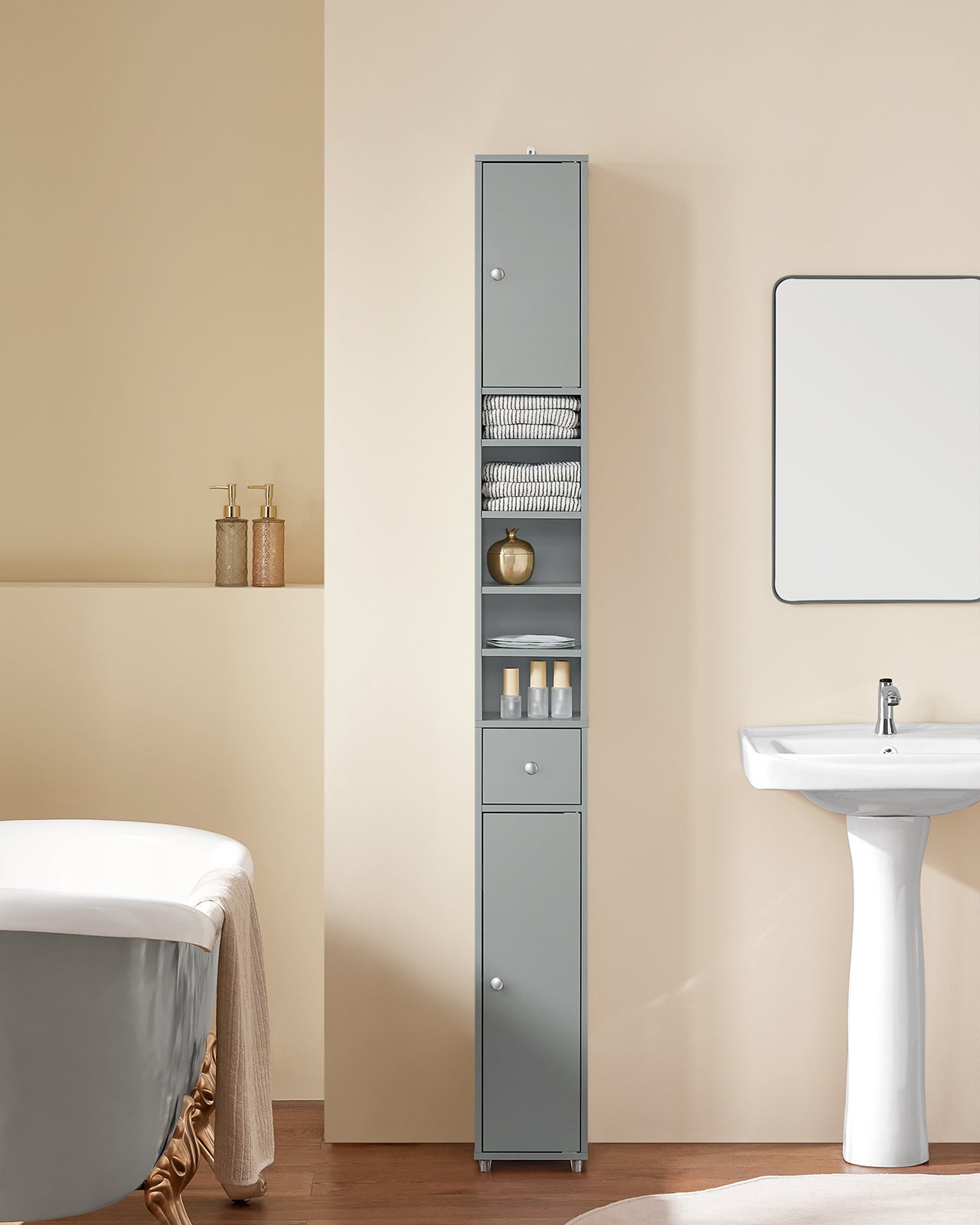 Armadio Colonna bagno, Mobile bagno alto con 2 Ante e 1 cassetto altezza: 180 cm SoBuy Grigio BZR34-HG - 2