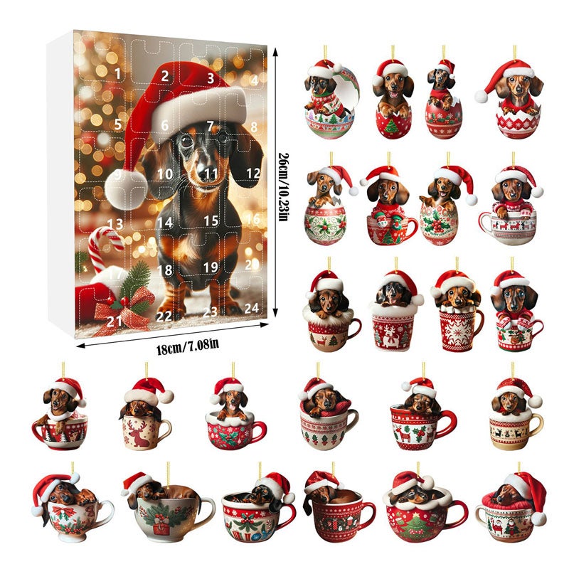 Kalendarz adwentowy z jamnikiem, 24-dniowy kolekcjonerski kalendarz świąteczny, odliczanie, miniaturowa wisząca choinka - 3