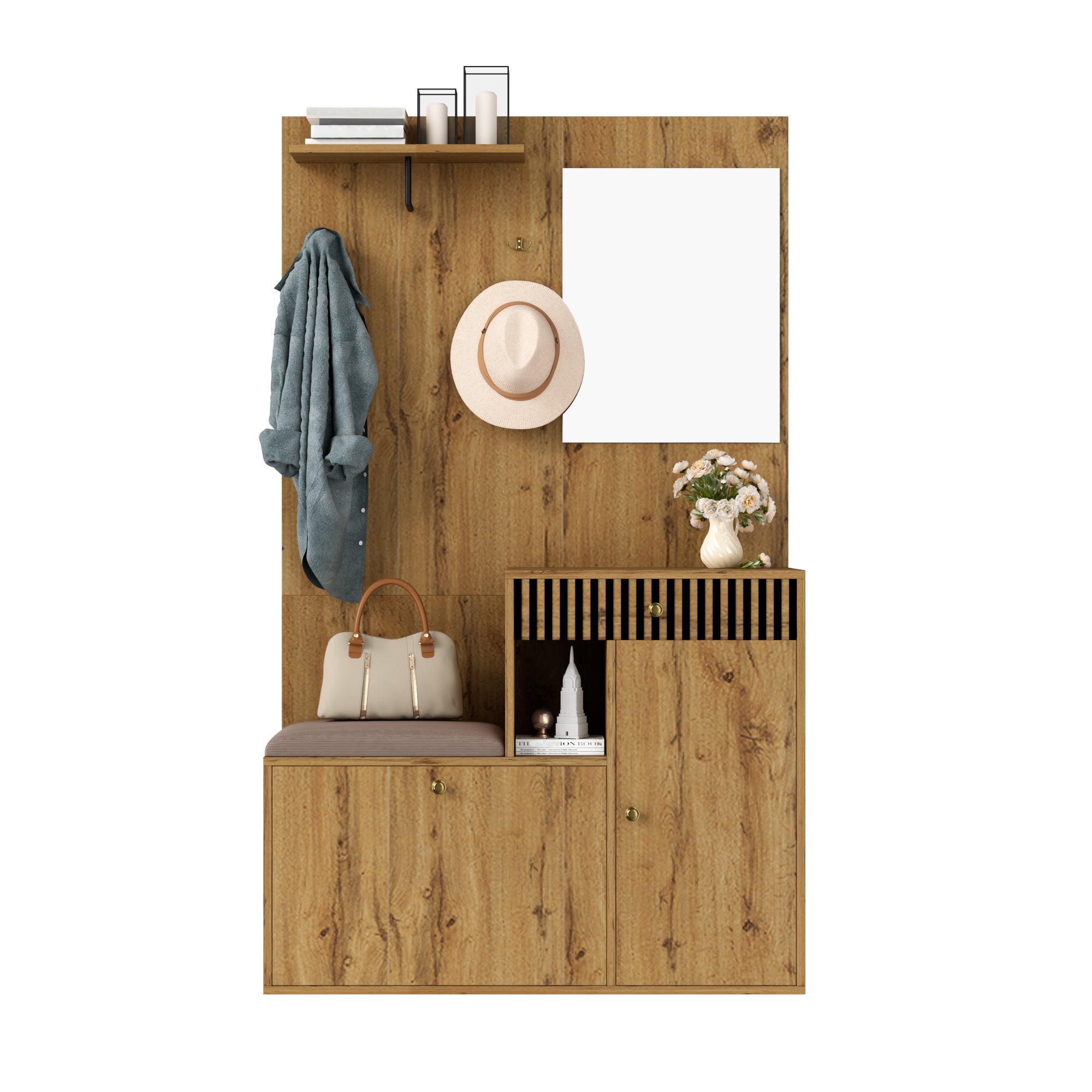 Zestaw szafek na buty z lustrem + 2 drzwi + ławka + 1 szuflada + haczyki - 110 x 37 x 185,5 cm - MDF - Naturalny