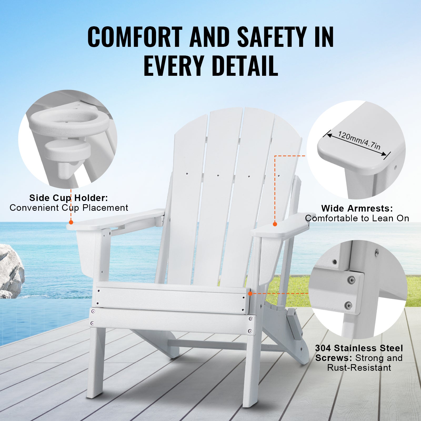 Sedie Adirondack Set di VEVOR 2 Sedie da Giardino per Tutte Stagioni Bianco - 5