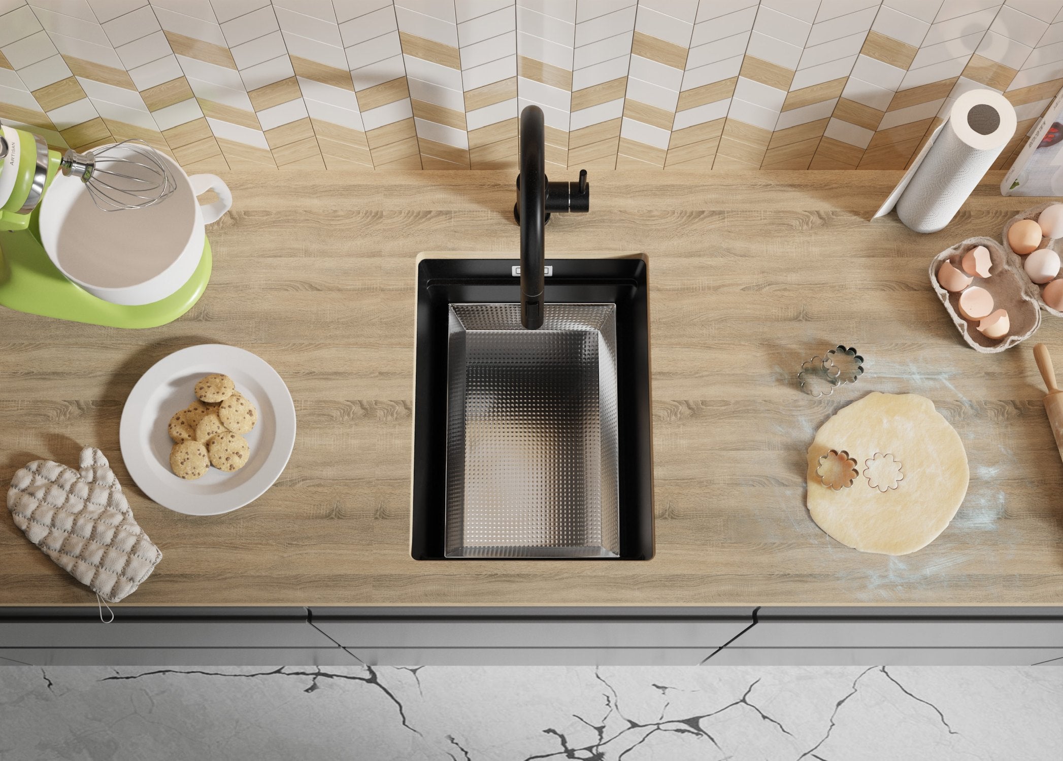 Lavandino sottotop Nero 36x47cm, Lavello in Granito a 1 vasca + Sifone Classico + Accessori, Lavabo da Cucina al mobile 40cm - Prague PRIMAGRAN - 9