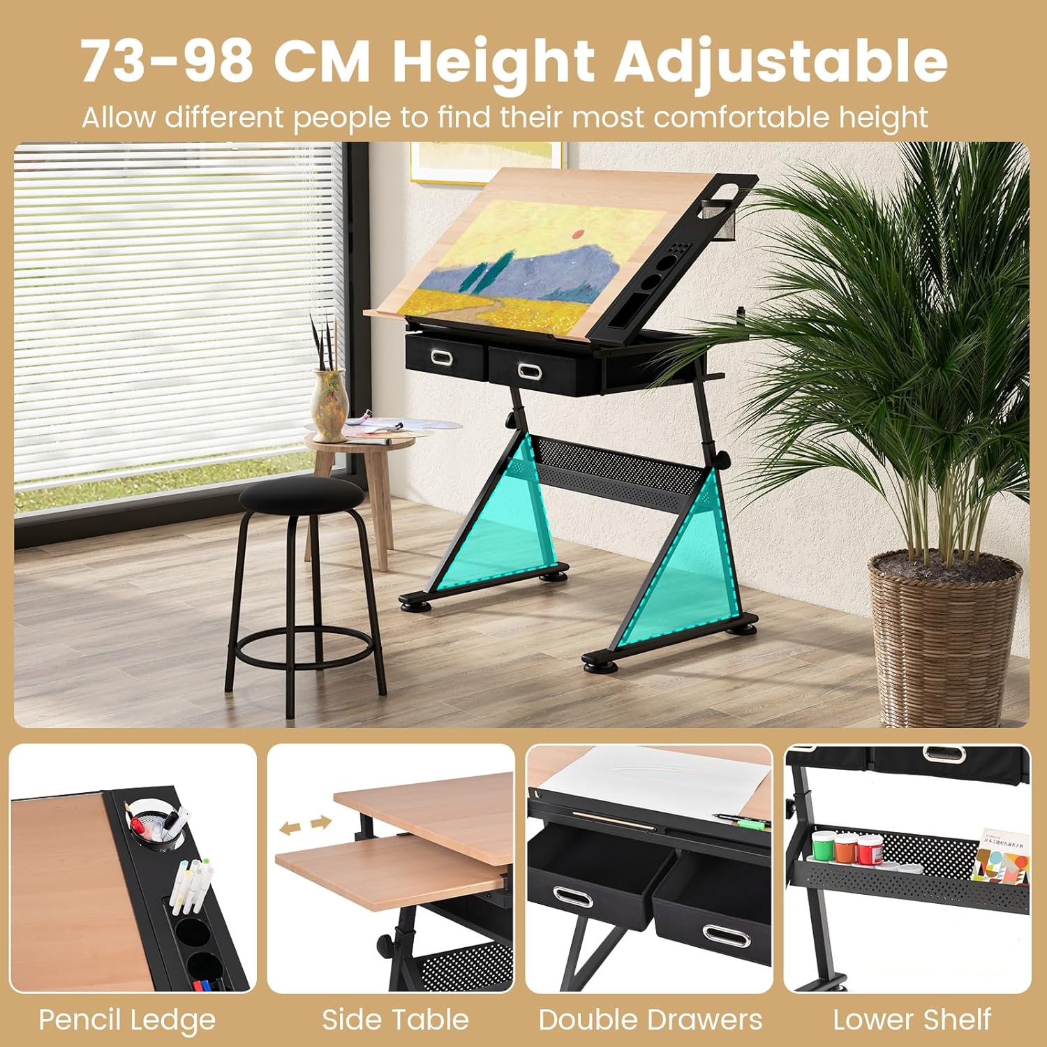 Table a Dessin Inclinable avec Tabouret, Station de Dessin Hauteur Reglable 65-90,5 CM, Plateau Coulissant, 2 Grands Tiroirs et Porte-Stylo - 5