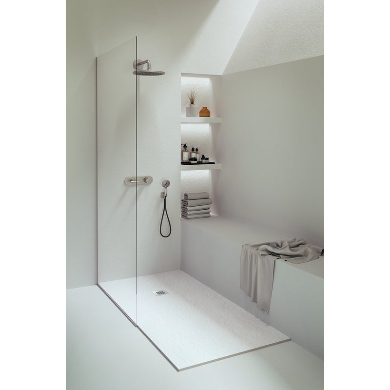 Brodzik Vulcano Line Slim 100x185 cm biały + kabina prysznicowa 100x185 cm z jedną stałą taflą szkła i centralnym otworem z 4 taflami szkła - FRASCIO