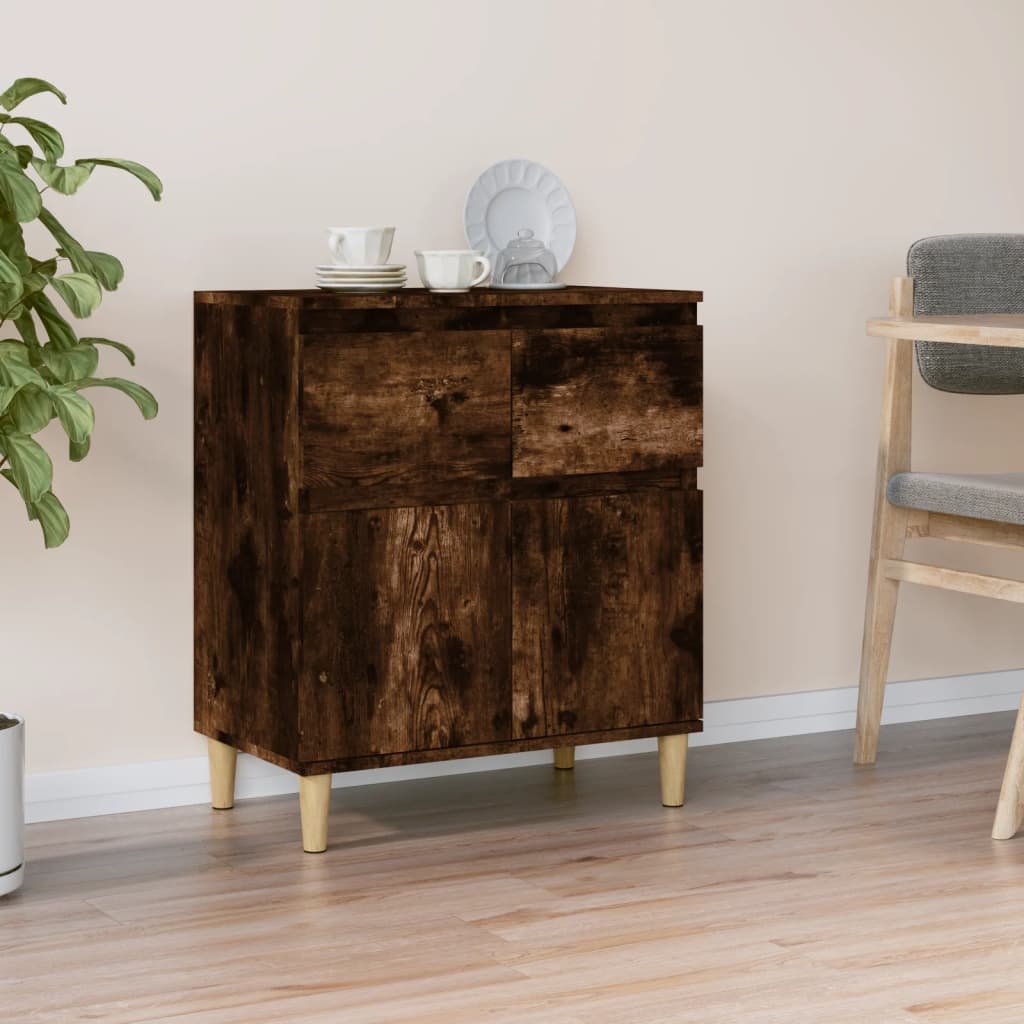 Credenza Rovere Fumo 60x35x70 Cm In Legno Multistrato - 4 Scomparti E 2 Ante, Con Piedini In Eucalipto