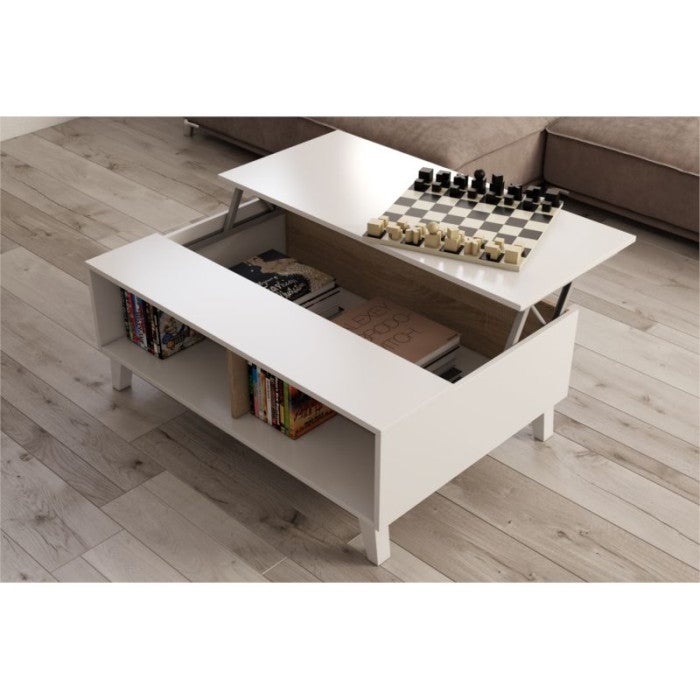 Table basse ABBY avec panneau central relevable L100cm x P68cm - Blanc / Bois - 5