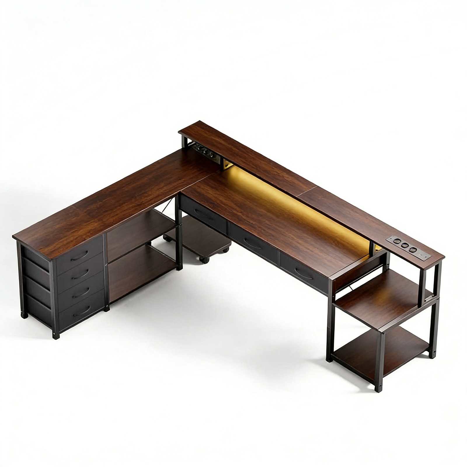 Bureau Gaming L-Shape 148cm avec LED, 3 Prises AC, 2 Ports USB, Tiroirs et Rangement - 9