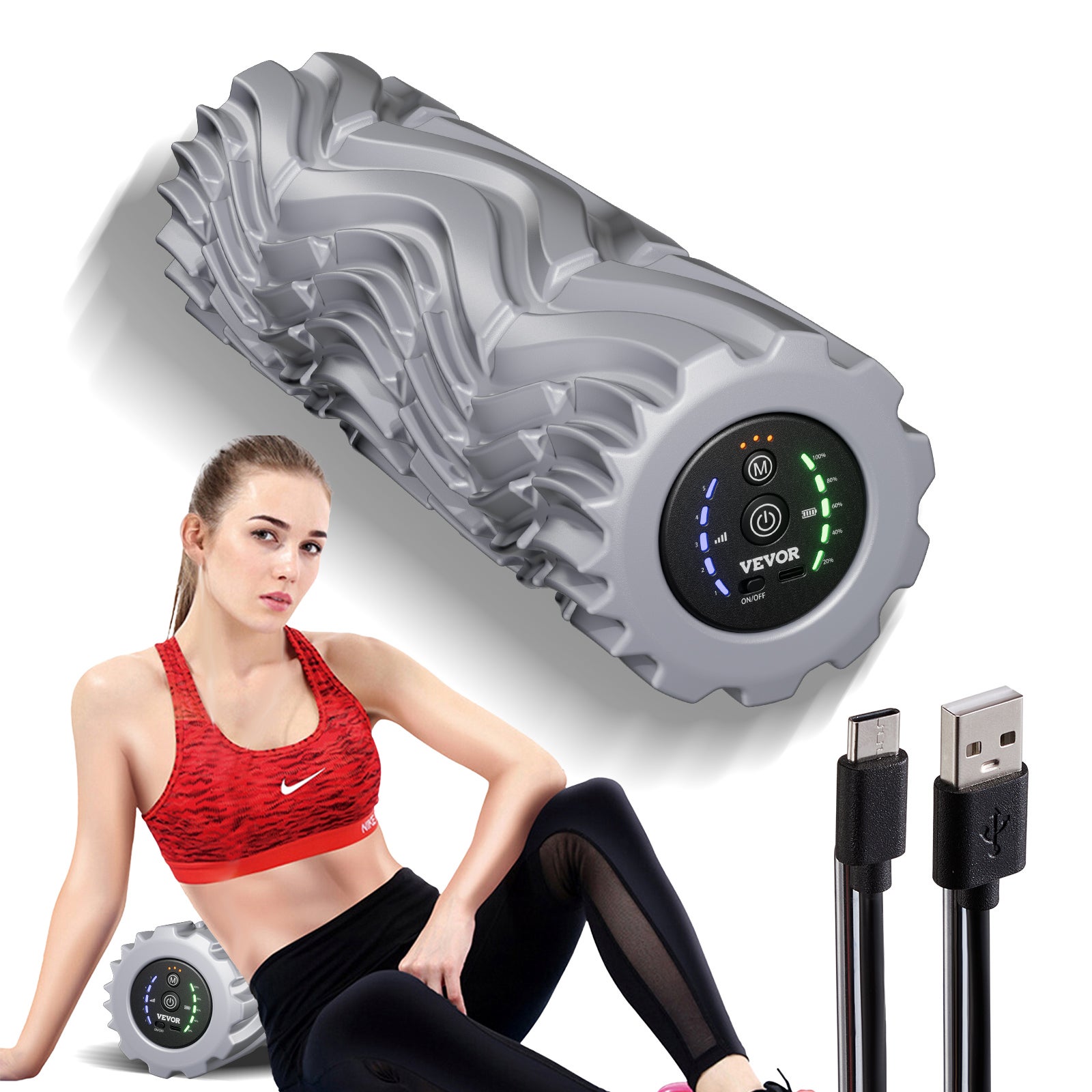 Rullo Massaggiatore Vibrante In Schiuma, 5 Velocità + 1 Variabile, Per Muscoli E Schiena, Alta Densità, Batteria 4000mAh, Ricarica USB-C