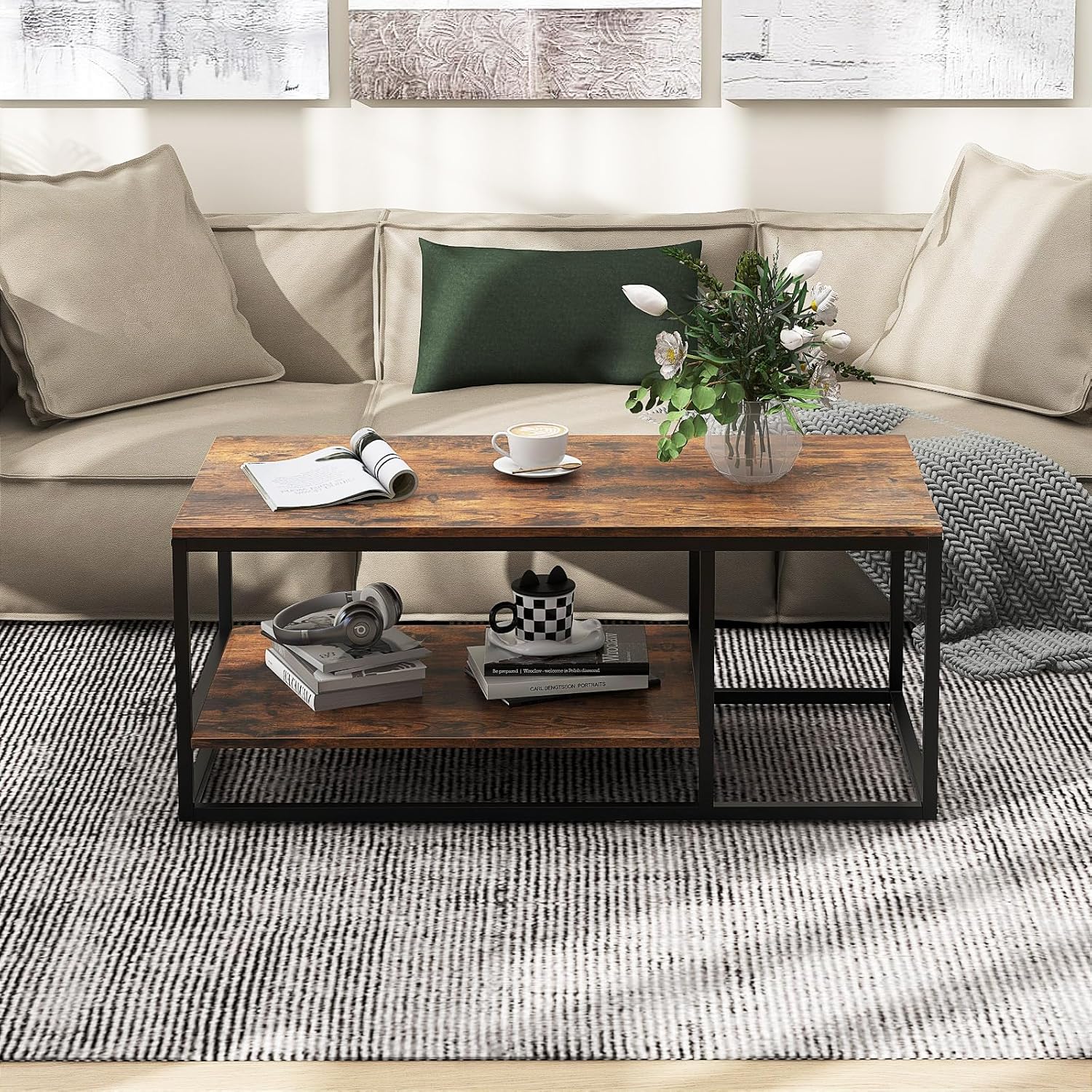 Table Basse Moderne GreenForest - 2 Niveaux Rangement, Pieds X Métal