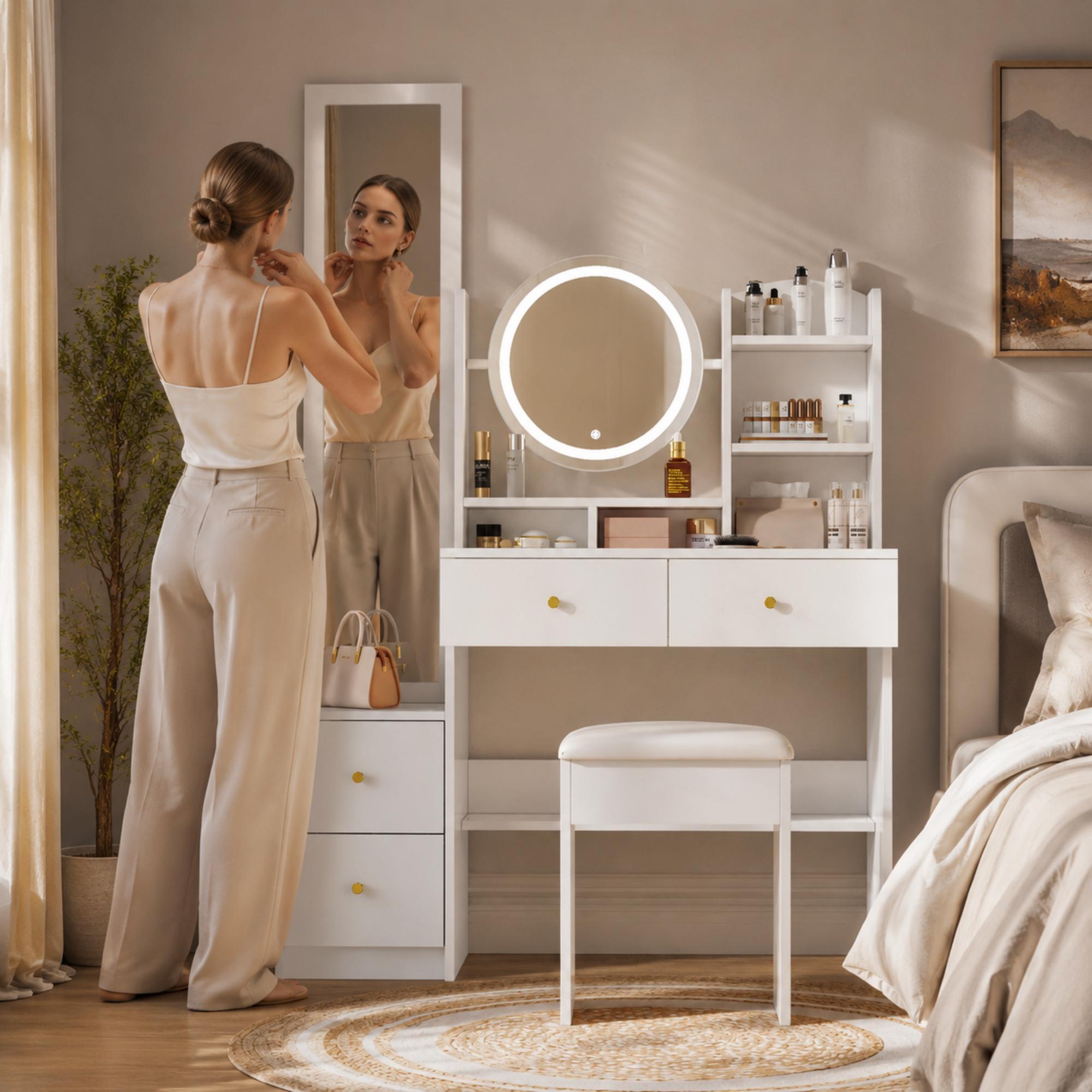 Toaletka z lustrem LED 3-kolorowym, stołkiem, 4 szufladami, lustrem na całej długości + 2 półki - 109 x 36 x 164 cm - Płyta wiórowa - Biała