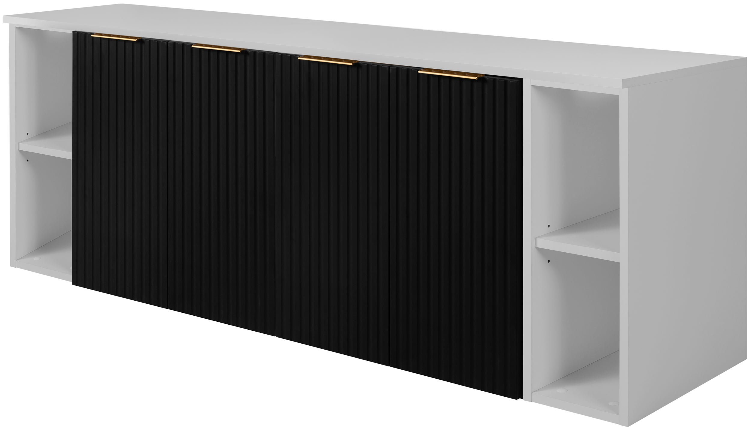 Zestaw łazienkowy FLOW 160 cm czarny z białymi regałami ryflowany front