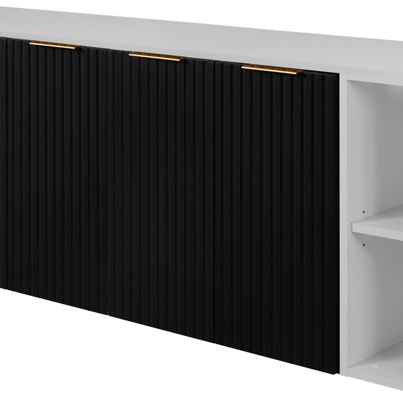 Zestaw łazienkowy FLOW 160 cm czarny z białymi regałami ryflowany front