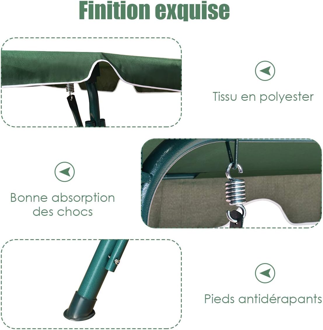 Balancelle de Jardin 3 Places 170x110x153CM-avec Auvent Réglable-Swing de Jardin Tissu en Polyester-Cadre en Acier-Vert - 4