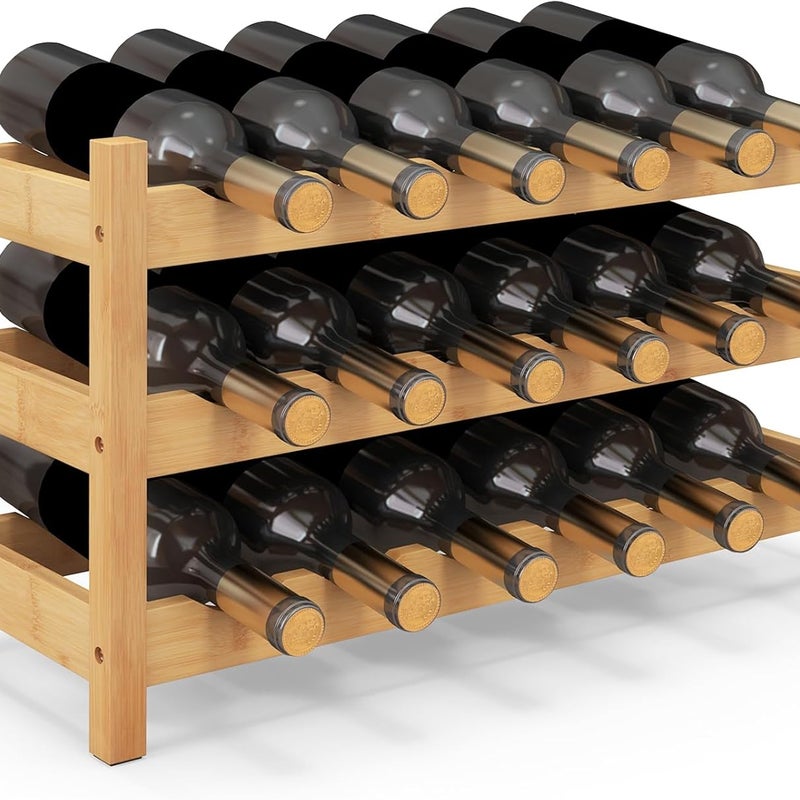 3-Poziomowy Regał na Wino z Bambusa na 18 Butelek Wina, Wolnostojący Stojak na Butelki Wina, Regał na Wino do Kuchni, Baru, 62 x 24 x 38 cm