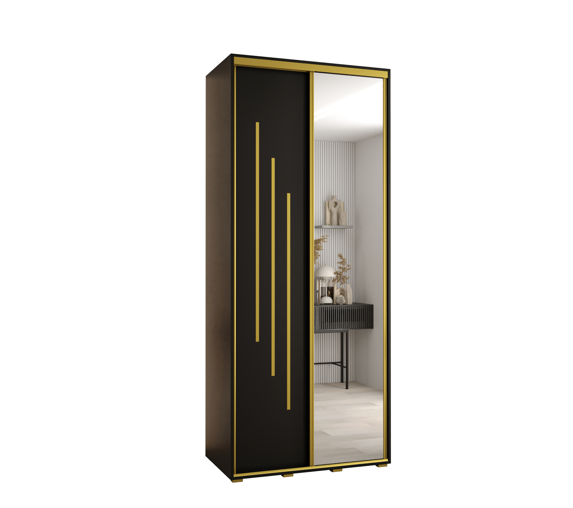 Szafa przesuwna z lustrem wysoka Davos 9 110 x 45 x 235,2 cm czarny + czarny + u. złoty - Abiks Meble