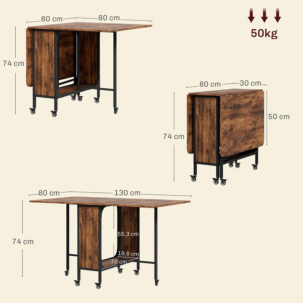 Tavolo da pranzo pieghevole, tavolo pieghevole mobile per 6 persone, con ripiano, capacità di carico fino a 50 kg, 130 x 80 x 74 cm, marrone rossastro - 3