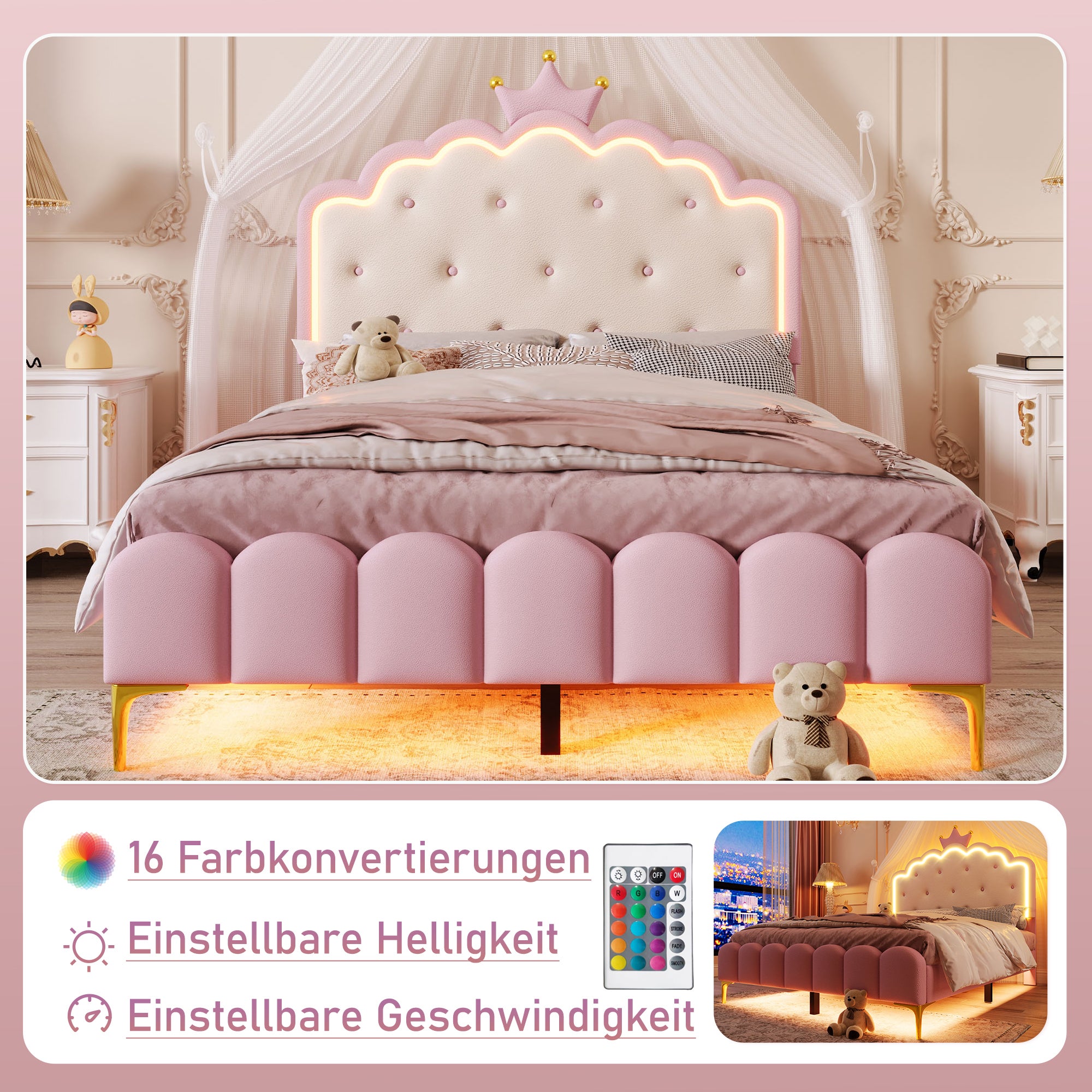 Eulenke Lit Capitonné 140 X 200 Cm Avec éclairage LED, Sommier à Lattes En Bois Stable Et Cuir De Bonne Qualité, Lit Double De Qualité Supérieure, Matelas Non Inclus